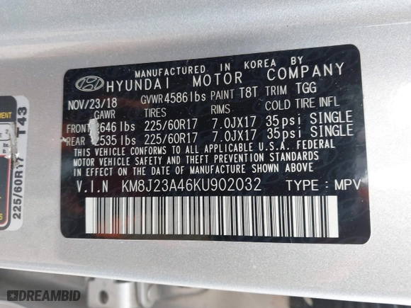 2019 Hyundai Tucson SE with VIN KM8J23A46KU902032, listed as a IAAI auction lot 41844487 with 77,762 mi miles. Bid and sale history available at carsss.com. Image 9.