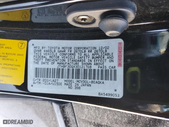 2003 Lexus ES 300 with VIN JTHBF30GX30121708, listed as a Copart auction lot 45951395 with 172,344 mi miles and Salvage Title. Bid and sale history available at carsss.com. Image 14.