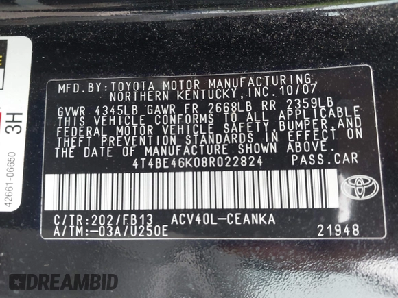 2008 Toyota Camry LE z VIN 4T4BE46K08R022824, wystawiony jako IAAI lot #42276950 z przebiegiem 132 879 mil mil oraz . Historia ofert i sprzedaży dostępna na DreamBid. Obrazek 9.