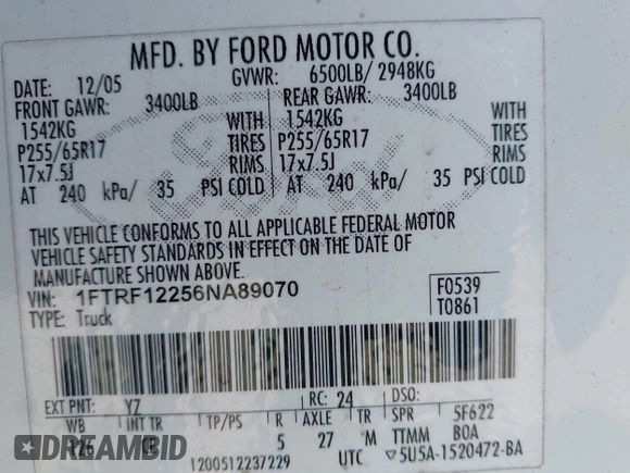2006 Ford F-150 XL с VIN 1FTRF12256NA89070, выставлен на аукционе IAAI как лот 42548727 с пробегом 69 454 миль миль и . История ставок и продаж доступна на DreamBid. Изображение 9.