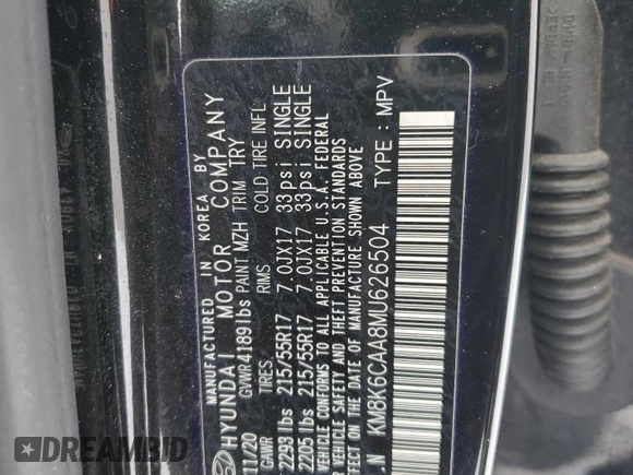 2021 Hyundai Kona SEL Plus with VIN KM8K6CAA8MU626504, listed as a Copart auction lot 87601905 with 127,729 mi miles and Salvage Title. Bid and sale history available at carsss.com. Image 14.