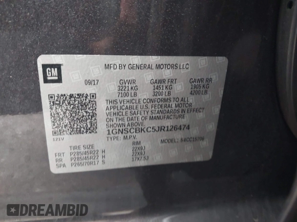 2018 Chevrolet Tahoe LT with VIN 1GNSCBKC5JR126474, listed as a IAAI auction lot 41896310 with 90,928 mi miles and . Bid and sale history available at DreamBid. Image 9.