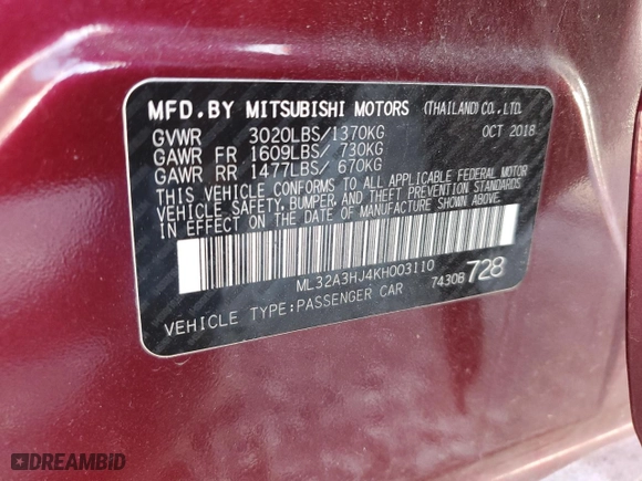 2019 Mitsubishi Mirage ES with VIN ML32A3HJ4KH003110, listed as a Copart auction lot 45547795 with 67,443 mi miles and Salvage Title. Bid and sale history available at carsss.com. Image 12.