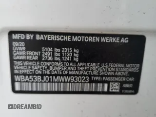 2021 BMW 5 Series 540i with VIN WBA53BJ01MWW93023, listed as a Copart auction lot 43146455 with Not Provided miles and Salvage Title. Bid and sale history available at DreamBid. Image 12.