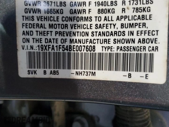 2011 Honda Civic LX with VIN 19XFA1F54BE007608, listed as a Copart auction lot 53515145 with 48,194 mi miles and Salvage Title. Bid and sale history available at DreamBid. Image 14.