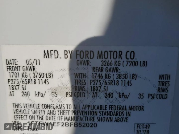 2011 Ford F-150 XL с VIN 1FTFW1EF2BFB52020, выставлен на аукционе Copart как лот 41364305 с пробегом 237 114 миль миль и Списание • Salvage title. История ставок и продаж доступна на DreamBid. Изображение 12.