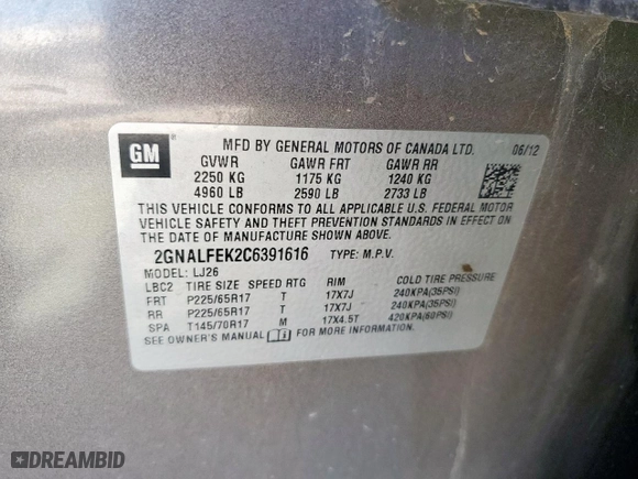 2012 Chevrolet Equinox LTZ with VIN 2GNALFEK2C6391616, listed as a Copart auction lot 53041065 with 0 mi miles and Clean Title. Bid and sale history available at carsss.com. Image 12.