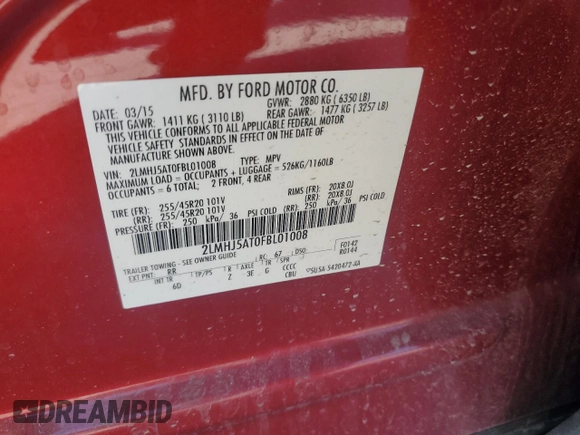 2015 Lincoln MKT EcoBoost with VIN 2LMHJ5AT0FBL01008, listed as a Copart auction lot 47419575 with 181,670 mi miles and Salvage Title. Bid and sale history available at DreamBid. Image 13.