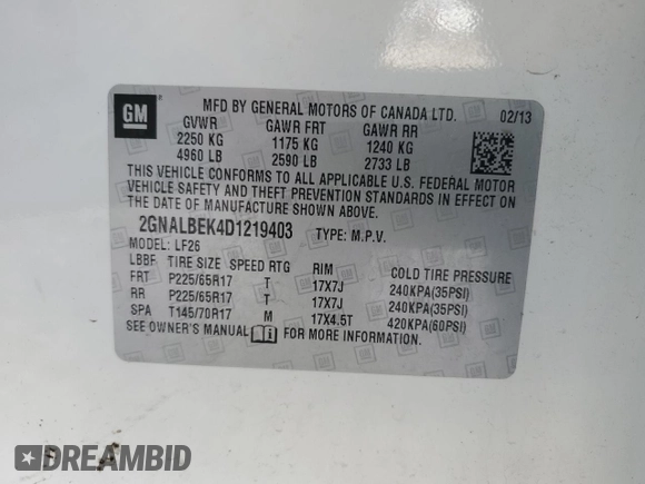 2013 Chevrolet Equinox LS with VIN 2GNALBEK4D1219403, listed as a Copart auction lot 45373425 with 201,868 mi miles and Salvage Title. Bid and sale history available at carsss.com. Image 13.