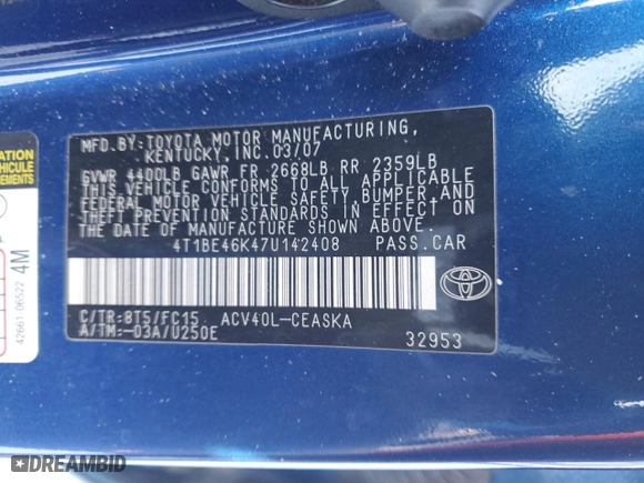 2007 Toyota Camry CE with VIN 4T1BE46K47U142408, listed as a Copart auction lot 88974055 with 197,727 mi miles and Clean Title. Bid and sale history available at carsss.com. Image 14.