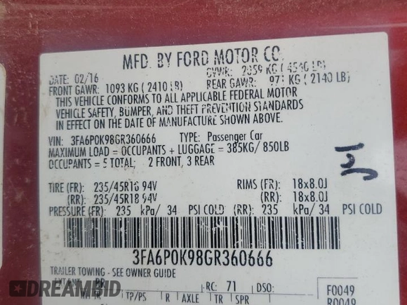 2016 Ford Fusion Titanium z VIN 3FA6P0K98GR360666, wystawiony jako Copart lot #63940635 z przebiegiem 202 120 mil mil oraz Czysty tytuł • Clean title. Historia ofert i sprzedaży dostępna na DreamBid. Obrazek 12.