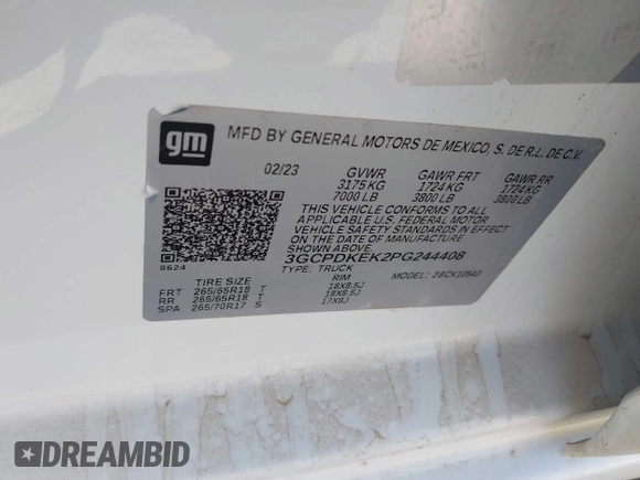 2023 Chevrolet Silverado 1500 LT with VIN 3GCPDKEK2PG244408, listed as a IAAI auction lot 41963518 with Not Provided miles and . Bid and sale history available at DreamBid. Image 9.