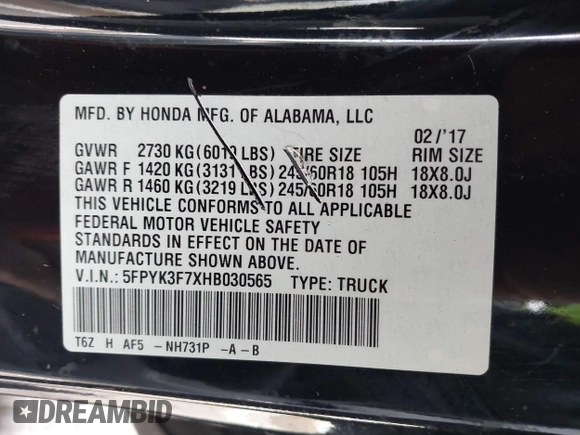 2017 Honda Ridgeline RTL-E with VIN 5FPYK3F7XHB030565, listed as a IAAI auction lot 41795386 with 79,252 mi miles and . Bid and sale history available at DreamBid. Image 9.