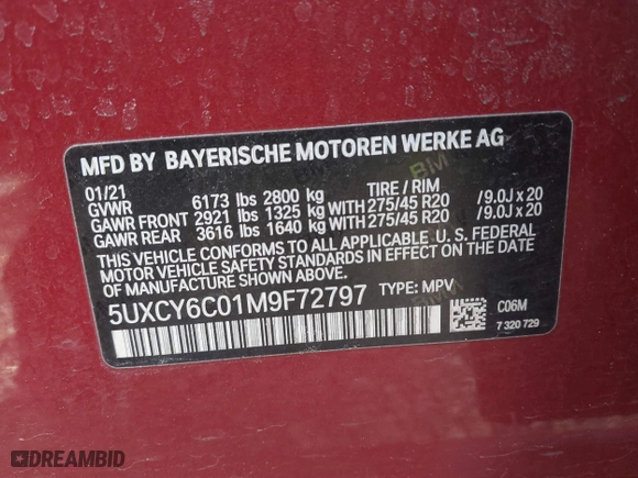 2021 BMW X6 xDrive40i with VIN 5UXCY6C01M9F72797, listed as a IAAI auction lot 41810317 with 16,084 mi miles. Bid and sale history available at carsss.com. Image 9.