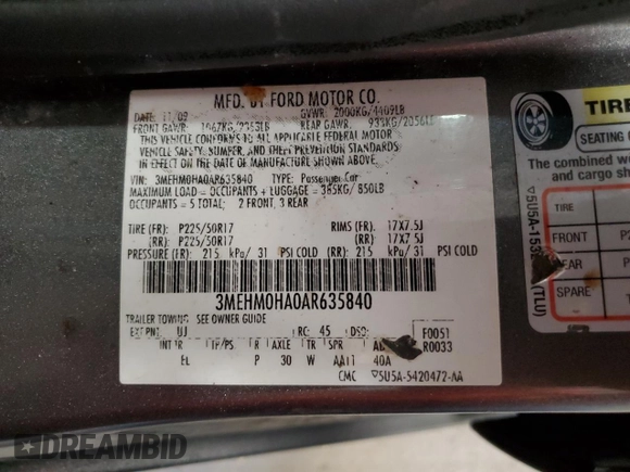 2010 Mercury Milan with VIN 3MEHM0HA0AR635840, listed as a Copart auction lot 56030695 with 157,205 mi miles and Salvage title. Bid and sale history available at DreamBid. Image 13.