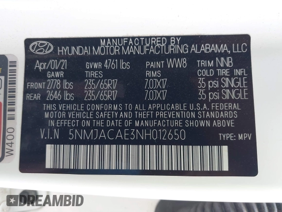 2022 Hyundai Tucson SE z VIN 5NMJACAE3NH012650, wystawiony jako IAAI lot #42137835 z przebiegiem 107 599 mil mil oraz . Historia ofert i sprzedaży dostępna na DreamBid. Obrazek 9.