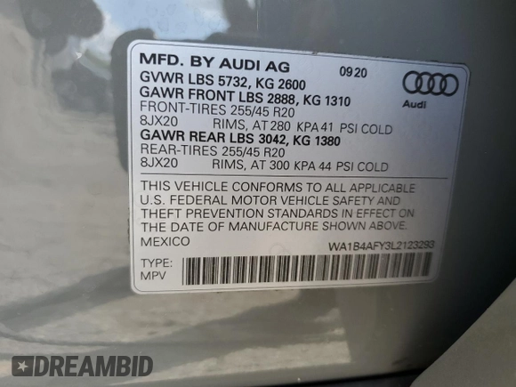 2020 Audi SQ5 Premium Plus with VIN WA1B4AFY3L2123293, listed as a Copart auction lot 65245544 with 54,022 mi miles and Salvage Title. Bid and sale history available at DreamBid. Image 13.