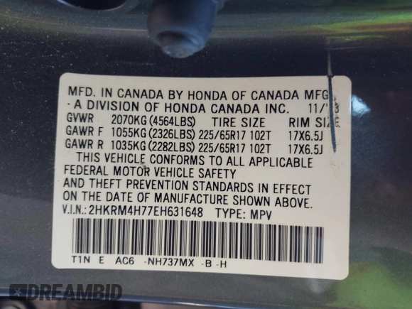 2014 Honda CR-V EX-L with VIN 2HKRM4H77EH631648, listed as a IAAI auction lot 41757229 with 91,633 mi miles. Bid and sale history available at carsss.com. Image 9.