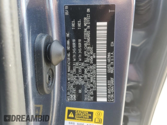 2019 Toyota Highlander SE z VIN 5TDJZRFH1KS991950, wystawiony jako Copart lot #51900875 z przebiegiem 110 804 mil mil oraz Szkoda całkowita • Salvage title. Historia ofert i sprzedaży dostępna na DreamBid. Obrazek 12.