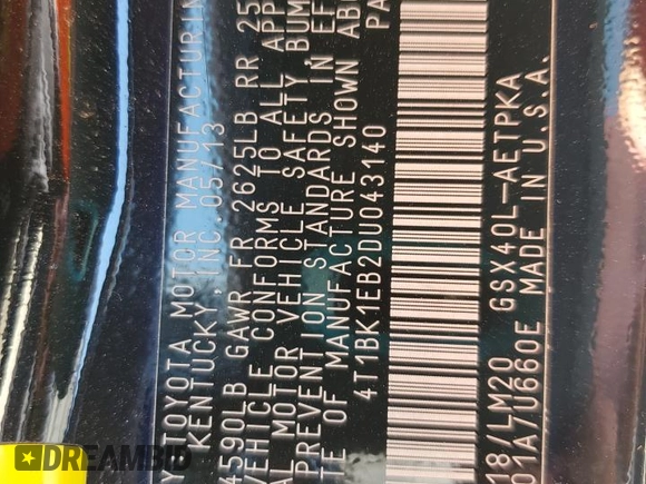 2013 Toyota Avalon XLE with VIN 4T1BK1EB2DU043140, listed as a Copart auction lot 56282625 with 262,725 mi miles and Salvage Title. Bid and sale history available at DreamBid. Image 12.