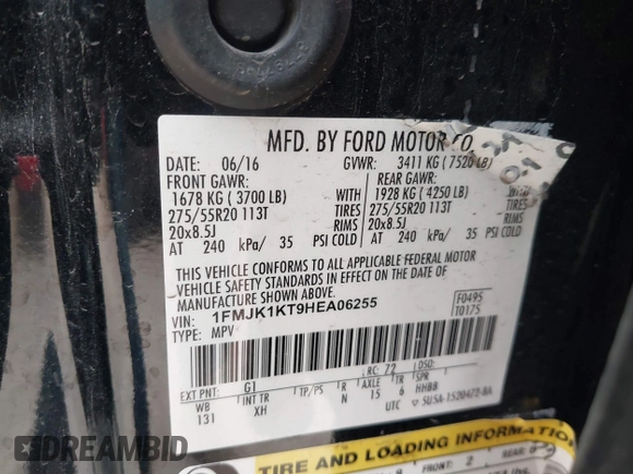 2017 Ford Expedition Max Limited with VIN 1FMJK1KT9HEA06255, listed as a IAAI auction lot 41748880 with 208,256 mi miles and . Bid and sale history available at DreamBid. Image 9.