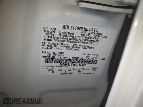 2009 Ford Taurus SE with VIN 1FAHP23W49G116421, listed as a Copart auction lot 88504185 with 92,752 mi miles and Non Repairable. Bid and sale history available at carsss.com. Image 12.