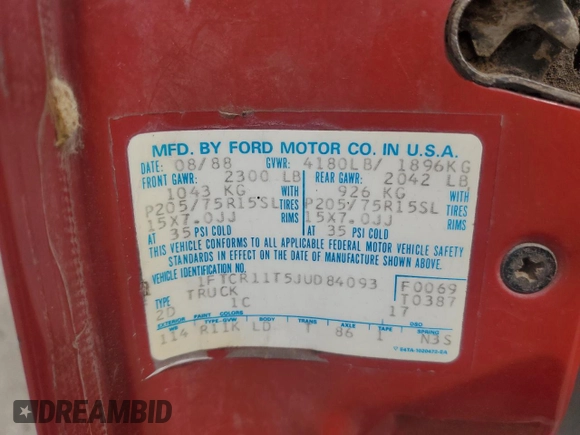 1988 Ford Ranger with VIN 1FTCR11T5JUD84093, listed as a Copart auction lot 51598765 with 16,257 mi miles and Salvage Title. Bid and sale history available at DreamBid. Image 12.