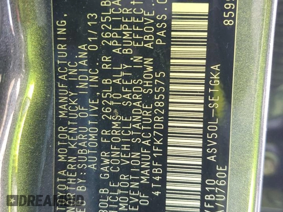 2013 Toyota Camry L with VIN 4T4BF1FK7DR285575, listed as a Copart auction lot 82877124 with 102,946 mi miles and Salvage Title. Bid and sale history available at carsss.com. Image 12.