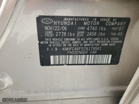 2007 Hyundai Azera SE with VIN KMHFC46F57A179561, listed as a Copart auction lot 65562574 with 161,939 mi miles and Salvage Title. Bid and sale history available at carsss.com. Image 12.