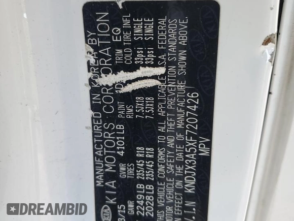 2015 Kia Soul + with VIN KNDJX3A5XF7207426, listed as a Copart auction lot 54575625 with 83,561 mi miles and Salvage Title. Bid and sale history available at DreamBid. Image 13.