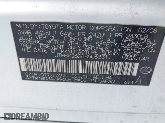 2008 Lexus IS 250 с VIN JTHBK262885068311, выставлен на аукционе IAAI как лот 42634461 с пробегом 172 932 миль миль и . История ставок и продаж доступна на DreamBid. Изображение 9.