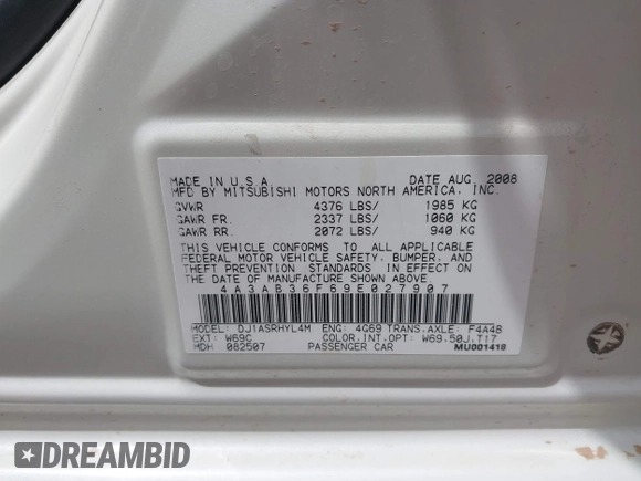 2009 Mitsubishi Galant ES z VIN 4A3AB36F69E027907, wystawiony jako IAAI lot #42234466 z przebiegiem 167 466 mil mil oraz . Historia ofert i sprzedaży dostępna na DreamBid. Obrazek 9.