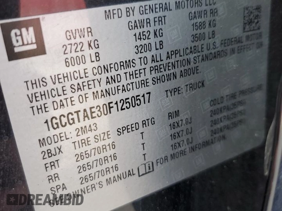 2015 Chevrolet Colorado 4WD WT with VIN 1GCGTAE30F1250517, listed as a Copart auction lot 47928525 with Not Provided miles and Salvage Title. Bid and sale history available at DreamBid. Image 13.