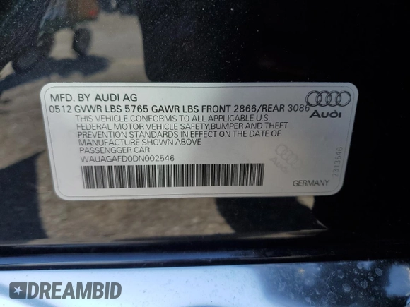 2013 Audi A8 3.0L with VIN WAUAGAFD0DN002546, listed as a Copart auction lot 81145504 with 107,079 mi miles and Salvage title. Bid and sale history available at DreamBid. Image 14.