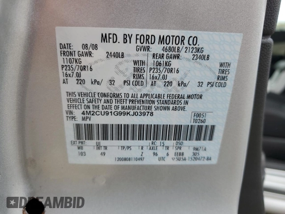 2009 Mercury Mariner z VIN 4M2CU91G99KJ03978, wystawiony jako Copart lot #54707175 z przebiegiem 106 520 mil mil oraz Szkoda całkowita • Salvage title. Historia ofert i sprzedaży dostępna na DreamBid. Obrazek 15.