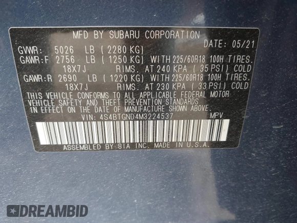 2021 Subaru Outback Limited XT with VIN 4S4BTGND4M3224537, listed as a IAAI auction lot 42302024 with 57,286 mi miles and . Bid and sale history available at DreamBid. Image 9.