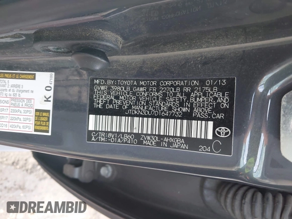 2013 Toyota Prius One with VIN JTDKN3DU7D1647732, listed as a IAAI auction lot 41845908 with 314,942 mi miles and . Bid and sale history available at DreamBid. Image 9.