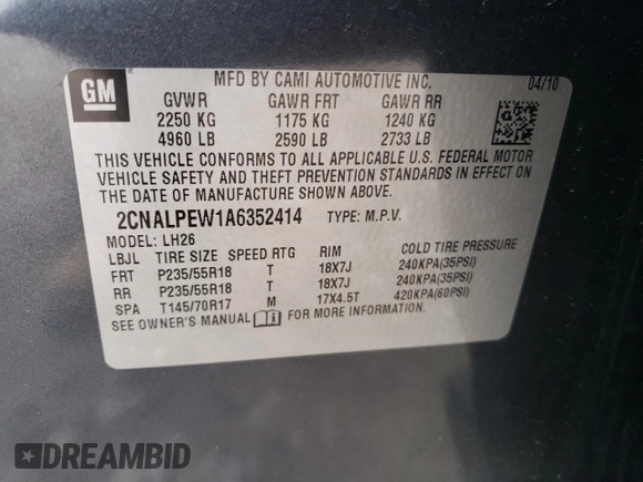 2010 Chevrolet Equinox LT w/2LT with VIN 2CNALPEW1A6352414, listed as a Copart auction lot 48037515 with 161,833 mi miles and Salvage Title. Bid and sale history available at carsss.com. Image 15.