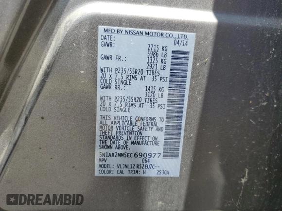 2014 Nissan Pathfinder S with VIN 5N1AR2MM5EC690977, listed as a Copart auction lot 64457765 with 160,717 mi miles and Clean title. Bid and sale history available at DreamBid. Image 13.