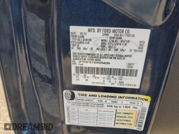 2013 Ford F-150 XL with VIN 1FTFW1ET5DKD04226, listed as a Copart auction lot 59416815 with 237,523 mi miles and Clean title. Bid and sale history available at DreamBid. Image 12.