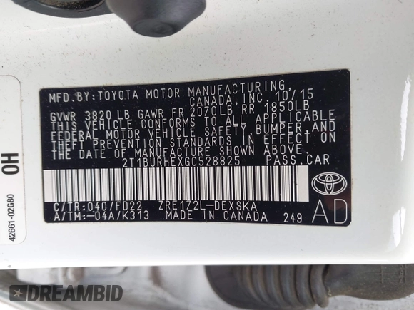 2016 Toyota Corolla L with VIN 2T1BURHEXGC528825, listed as a IAAI auction lot 42151802 with 154,195 mi miles and . Bid and sale history available at DreamBid. Image 9.