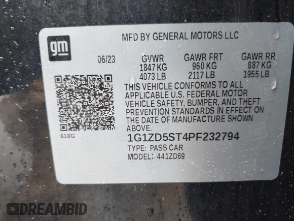 2023 Chevrolet Malibu LT with VIN 1G1ZD5ST4PF232794, listed as a IAAI auction lot 42106264 with Not Provided miles and . Bid and sale history available at DreamBid. Image 9.
