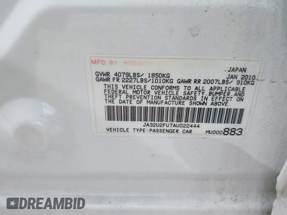 2010 Mitsubishi Lancer ES z VIN JA32U2FU7AU022444, wystawiony jako IAAI lot #41600088 z przebiegiem 196 076 mil mil oraz . Historia ofert i sprzedaży dostępna na DreamBid. Obrazek 9.