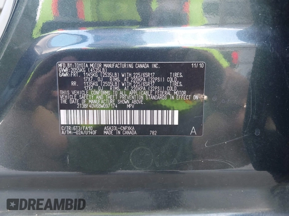 2011 Toyota RAV4 with VIN 2T3BF4DV6BW097174, listed as a IAAI auction lot 42154545 with 175,984 mi miles. Bid and sale history available at carsss.com. Image 9.