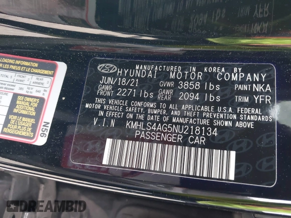 2022 Hyundai Elantra SEL with VIN KMHLS4AG5NU218134, listed as a IAAI auction lot 41346561 with 43,264 mi miles and . Bid and sale history available at DreamBid. Image 9.