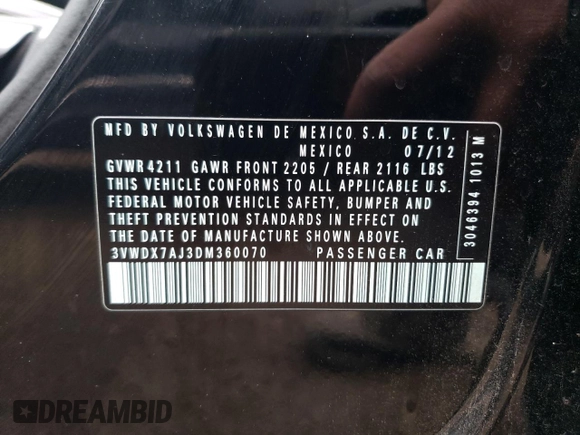 2013 Volkswagen Jetta SE with VIN 3VWDX7AJ3DM360070, listed as a Copart auction lot 55623855 with 75,104 mi miles and Salvage title. Bid and sale history available at DreamBid. Image 12.