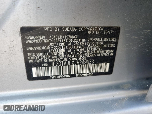 2018 Subaru Crosstrek Limited with VIN JF2GTAJCXJH249933, listed as a Copart auction lot 50502145 with 123,378 mi miles and Salvage title. Bid and sale history available at DreamBid. Image 14.
