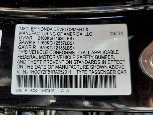 2024 Honda Accord Touring with VIN 1HGCY2F81RA052311, listed as a Copart auction lot 56521325 with 9,151 mi miles and Salvage title. Bid and sale history available at DreamBid. Image 13.