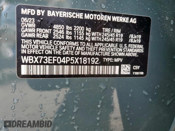 2023 BMW X1 xDrive28i with VIN WBX73EF04P5X18192, listed as a Copart auction lot 58511755 with 15,062 mi miles and Clean title. Bid and sale history available at DreamBid. Image 14.