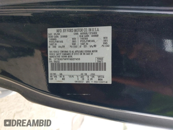 2000 Ford F-150 XL with VIN 1FTRX07W9YKB27455, listed as a IAAI auction lot 42197973 with 211,160 mi miles and . Bid and sale history available at DreamBid. Image 9.